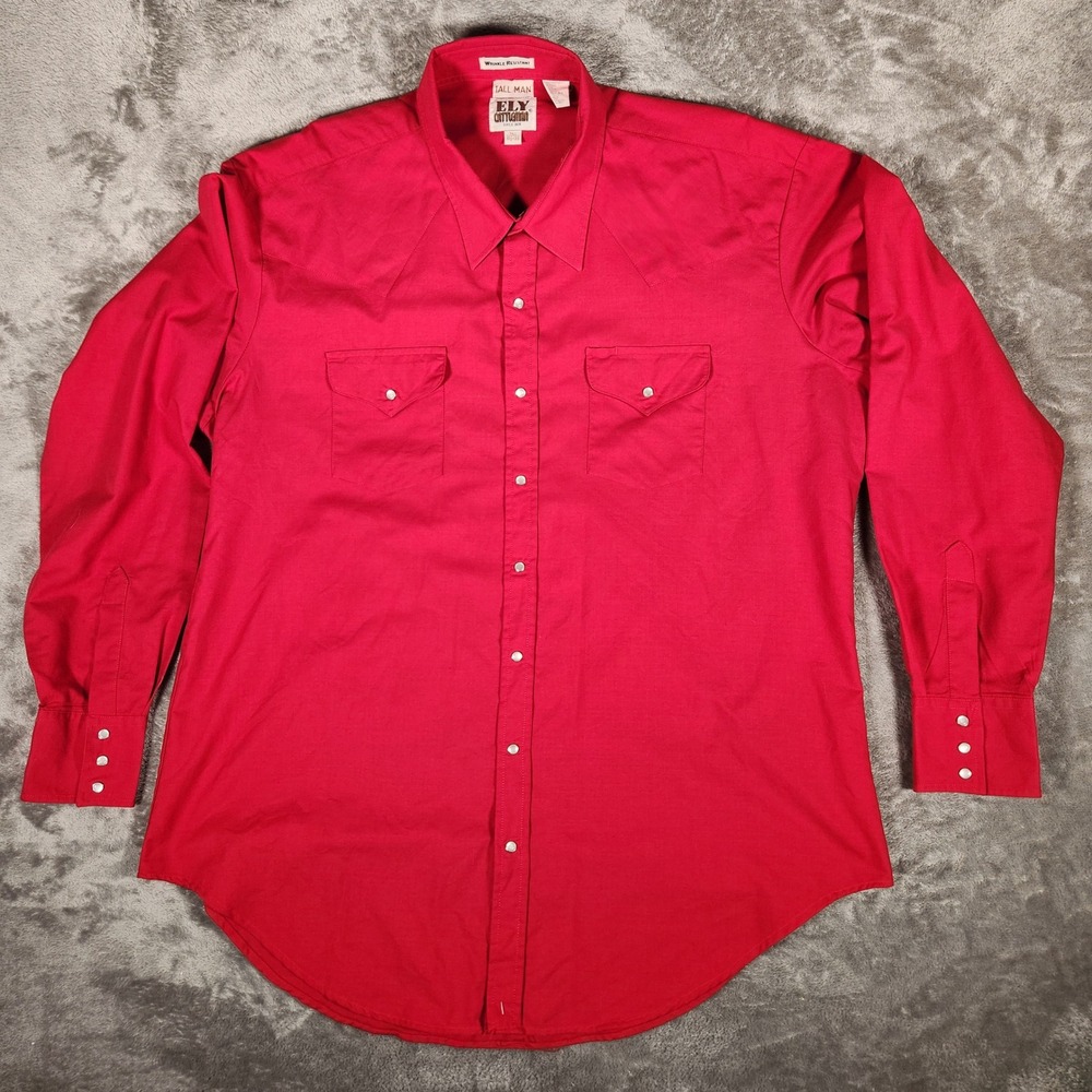Ely Cattleman Western Shirt Mens 18.5 x 38‎ Red Excellent Pearl Snap Tall Man